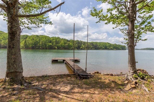 view of dock featuring a forest view and a water view