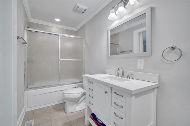 bathroom featuring tile patterned flooring, ornamental molding, toilet, vanity, and visible vents