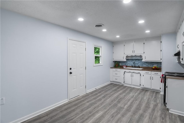 1004 Gilreath Rd, Anderson, SC 29621 - kitchen featuring a sink, dark countertops, white cabinets, wood finished floors, and recessed lighting
