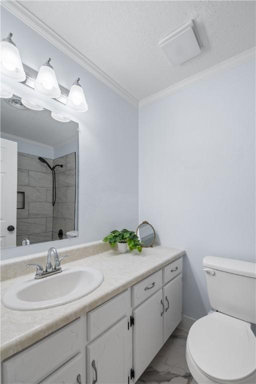 1004 Gilreath Rd, Anderson, SC 29621 - full bathroom with marble finish flooring, a shower, toilet, vanity, and ornamental molding