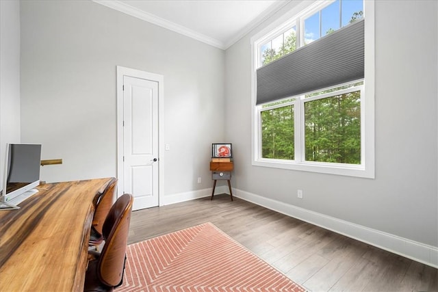 office area featuring crown molding, baseboards, wood finished floors, and a healthy amount of sunlight