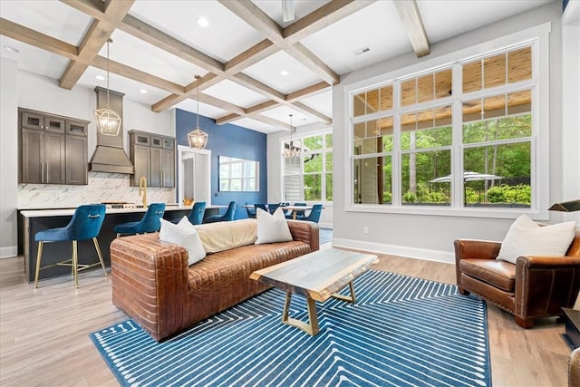 sunroom / solarium with beam ceiling and coffered ceiling