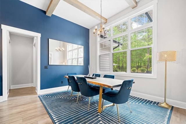 dining room with beam ceiling, a chandelier, and baseboards