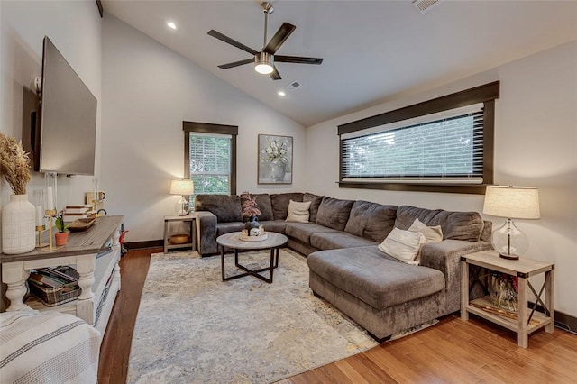living room with recessed lighting, wood finished floors, baseboards, visible vents, and a ceiling fan