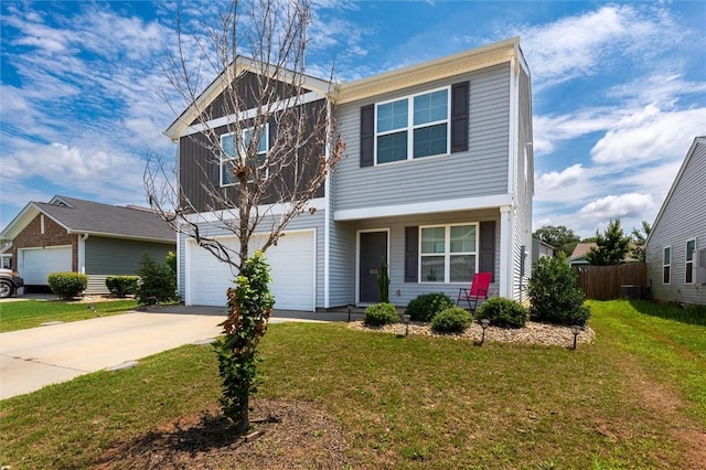 view of front of property with a porch, a front yard, driveway, an attached garage, and fence