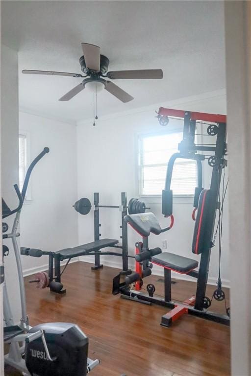 workout area featuring baseboards, wood finished floors, a healthy amount of sunlight, and ceiling fan