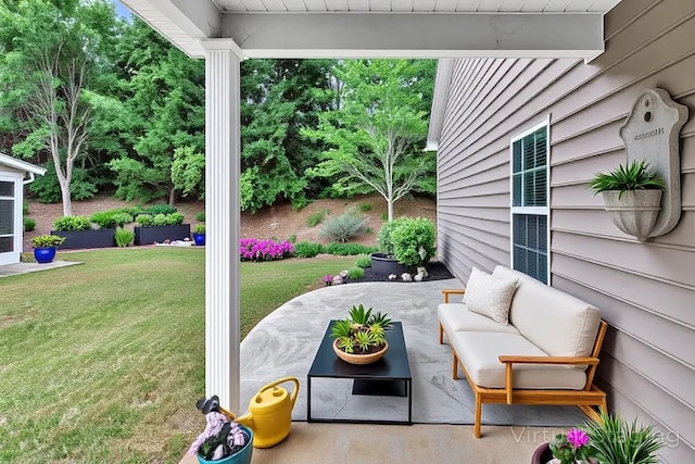 view of yard featuring a patio area and outdoor lounge area