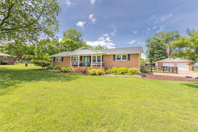 ranch-style home with a garage, fence, a porch, and a front yard