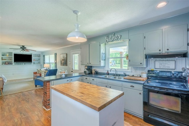 kitchen featuring a sink, wood counters, under cabinet range hood, black electric range oven, and a peninsula