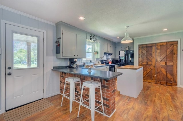 kitchen featuring crown molding, light wood-style flooring, freestanding refrigerator, electric range, and a peninsula