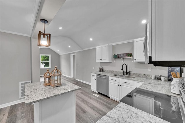 kitchen featuring stainless steel dishwasher, open shelves, electric range oven, a sink, and visible vents