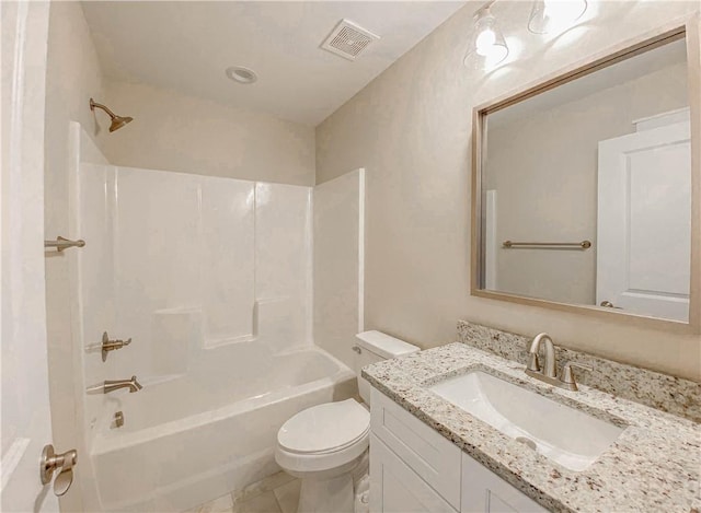 full bathroom with washtub / shower combination, vanity, toilet, tile patterned floors, and visible vents