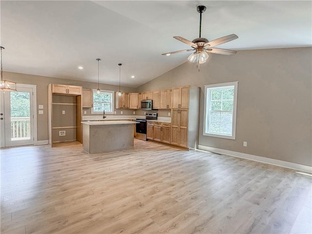 320 Code Cir, Seneca, SC 29678 - kitchen with stainless steel appliances, baseboards, light wood finished floors, a kitchen island, and a sink