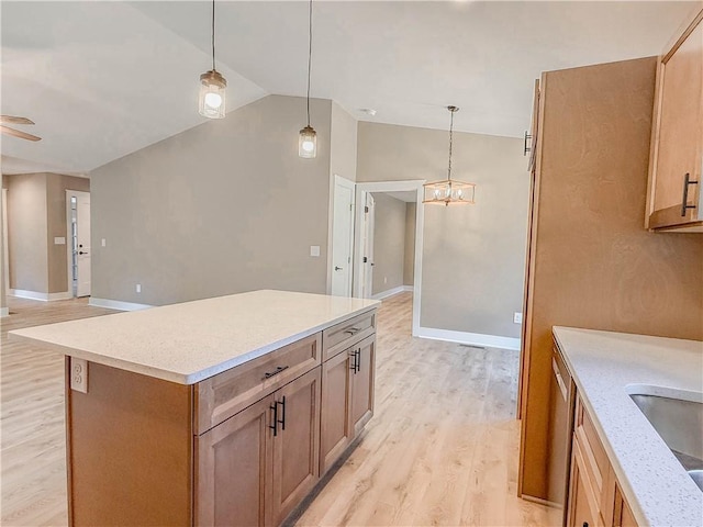 320 Code Cir, Seneca, SC 29678 - kitchen with light wood-style floors, lofted ceiling, hanging light fixtures, a center island, and ceiling fan