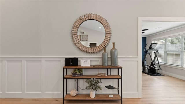 room details featuring a wainscoted wall, wood finished floors, and a decorative wall