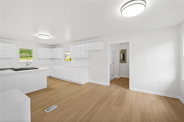 kitchen with electric panel, visible vents, light countertops, baseboards, and light wood finished floors