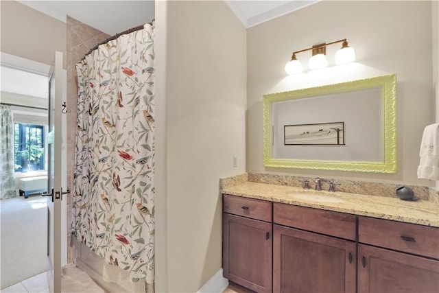 full bathroom featuring vanity and a shower with shower curtain