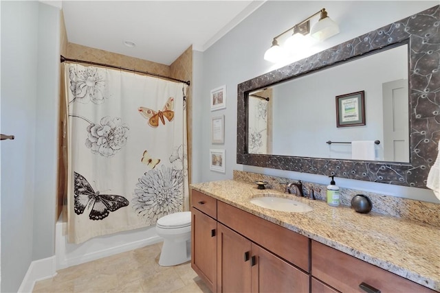 bathroom featuring toilet, shower / bath combination with curtain, and vanity