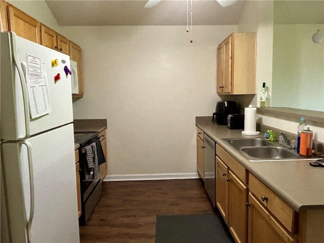 kitchen with freestanding refrigerator, dark wood-style flooring, range with electric stovetop, a sink, and dishwasher