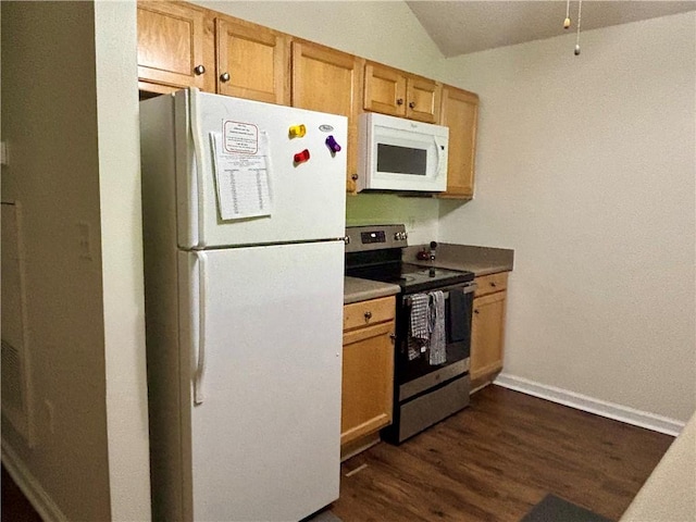 kitchen with baseboards, white appliances, and dark wood-type flooring