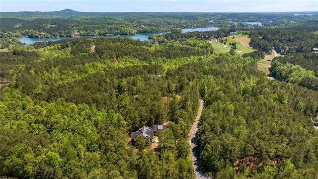 drone / aerial view featuring a water view and a wooded view