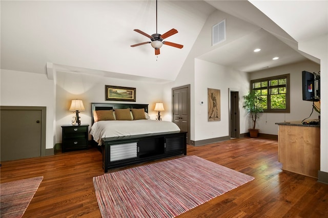 bedroom featuring visible vents, ceiling fan, dark wood-style floors, high vaulted ceiling, and recessed lighting