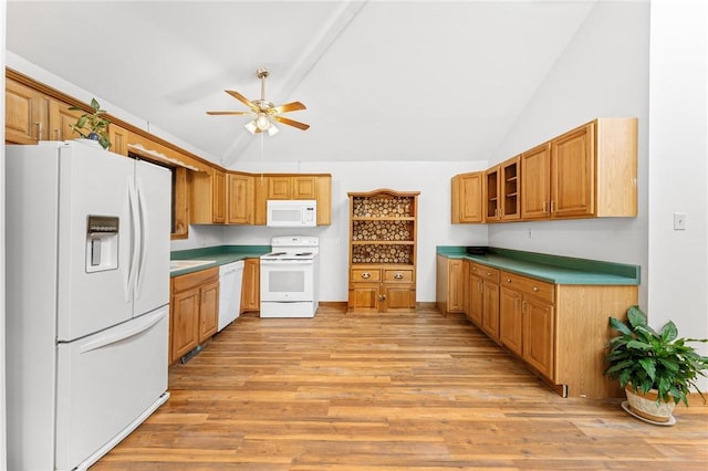 243 Beaver Lodge Rd, Hartwell, GA 30643 - kitchen featuring white appliances, vaulted ceiling, a ceiling fan, light wood finished floors, and glass insert cabinets