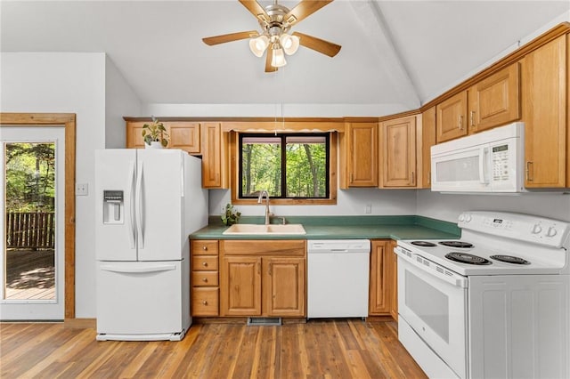 243 Beaver Lodge Rd, Hartwell, GA 30643 - kitchen featuring white appliances, a sink, light wood-style floors, and a ceiling fan