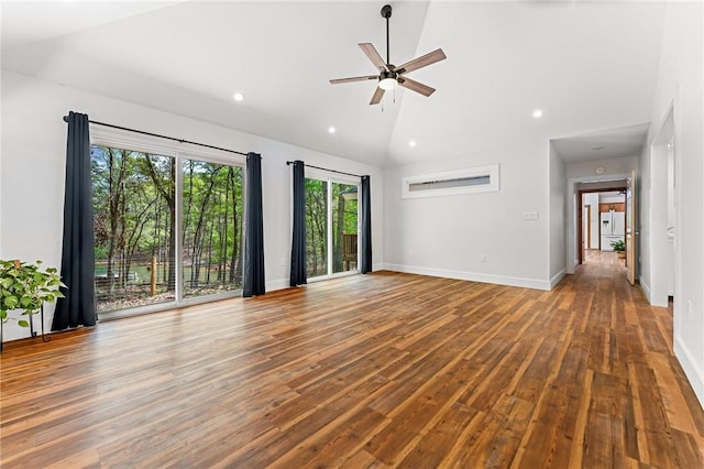 243 Beaver Lodge Rd, Hartwell, GA 30643 - unfurnished living room featuring recessed lighting, wood finished floors, a ceiling fan, baseboards, and high vaulted ceiling