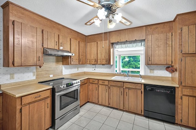 kitchen with black dishwasher, light countertops, stainless steel electric range, under cabinet range hood, and a sink