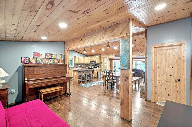 dining area with recessed lighting, wood ceiling, and hardwood / wood-style flooring