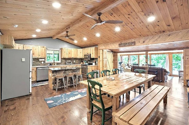 dining space with ceiling fan, dark wood-style floors, recessed lighting, wood ceiling, and lofted ceiling with beams