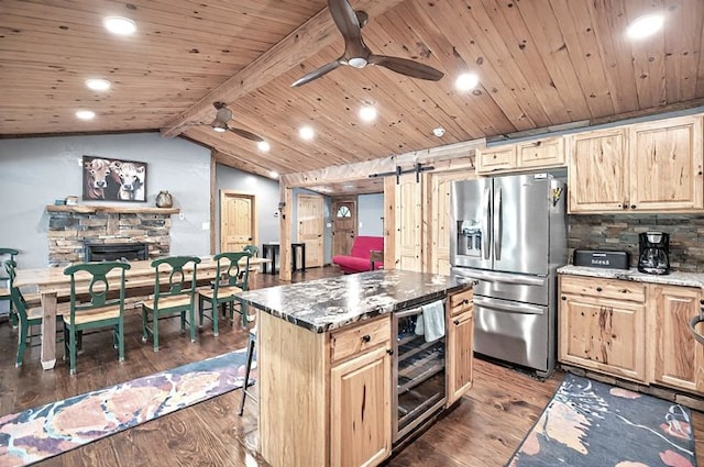 kitchen with stainless steel fridge, dark wood finished floors, wine cooler, and light brown cabinetry