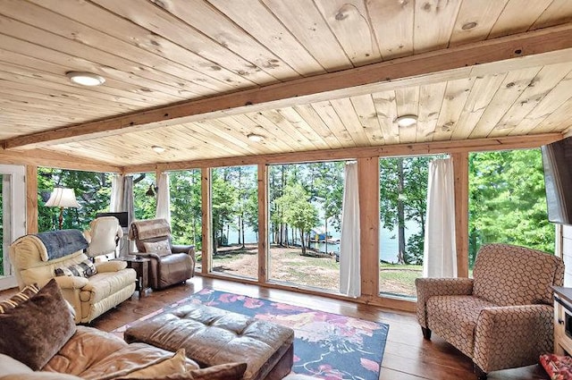 sunroom / solarium featuring wood ceiling and wood-type flooring