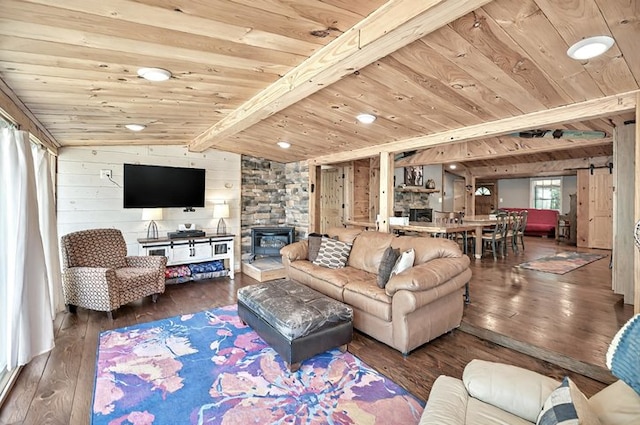 living area featuring wooden walls, lofted ceiling with beams, wooden ceiling, and hardwood / wood-style flooring