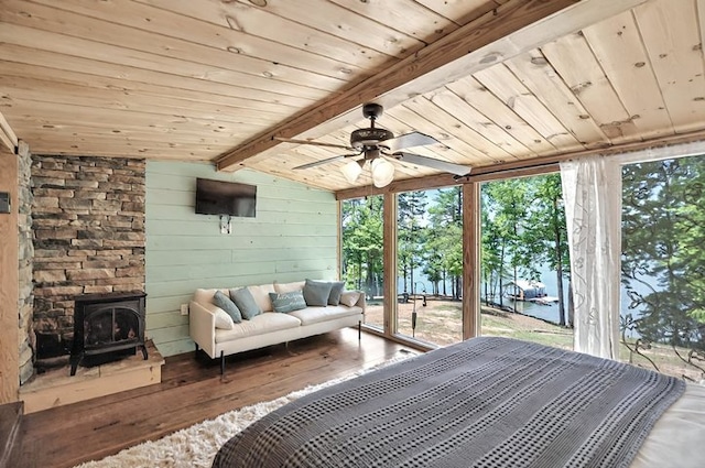 bedroom with access to exterior, wood ceiling, and multiple windows