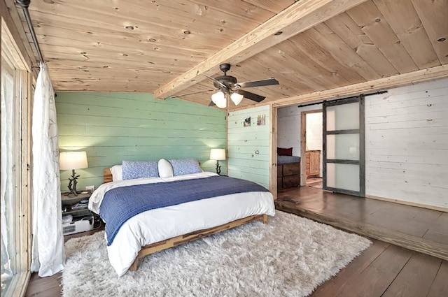 bedroom featuring vaulted ceiling with beams, wood walls, wooden ceiling, and hardwood / wood-style flooring