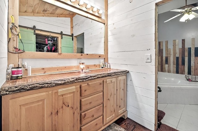 bathroom featuring vanity, ceiling fan, and wood walls