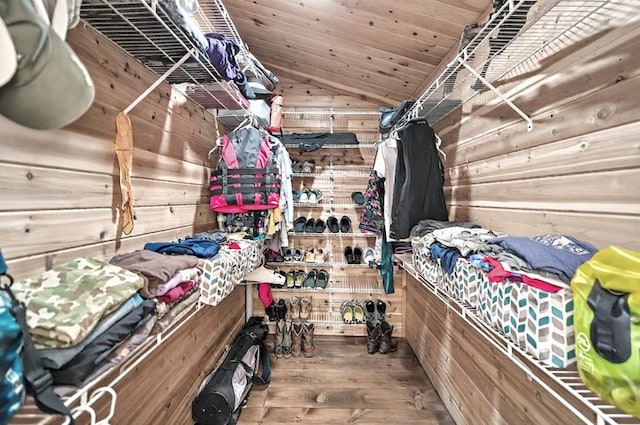 spacious closet with lofted ceiling and hardwood / wood-style flooring