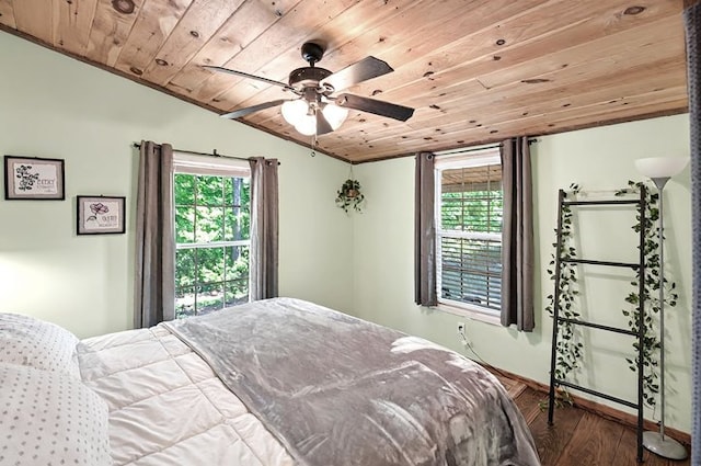 bedroom with multiple windows, wood ceiling, lofted ceiling, and wood finished floors