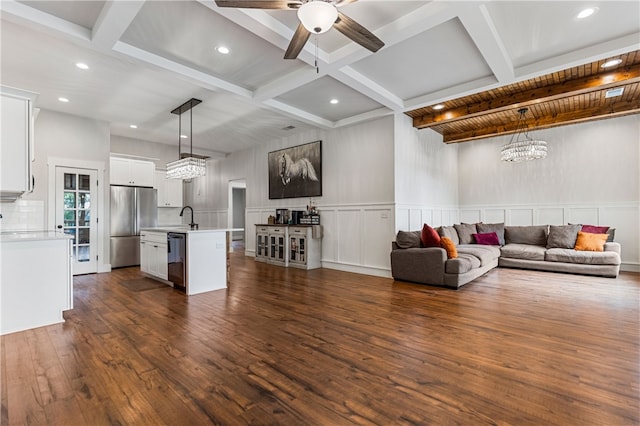 604 Robin Hood Ln, Anderson, SC 29621 - living room with dark wood-style flooring, ceiling fan with notable chandelier, recessed lighting, beamed ceiling, and coffered ceiling