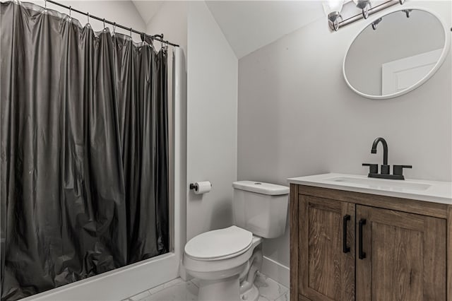 604 Robin Hood Ln, Anderson, SC 29621 - bathroom with vaulted ceiling, curtained shower, vanity, toilet, and marble finish floor