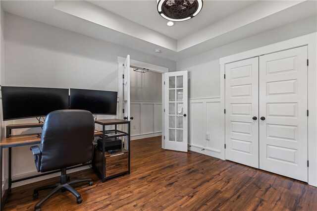 604 Robin Hood Ln, Anderson, SC 29621 - home office with wainscoting, a raised ceiling, a decorative wall, french doors, and wood finished floors