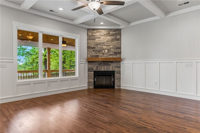 604 Robin Hood Ln, Anderson, SC 29621 - unfurnished living room featuring visible vents, a ceiling fan, a decorative wall, and beamed ceiling