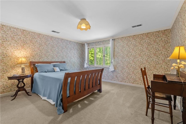 carpeted bedroom featuring crown molding, wallpapered walls, visible vents, and baseboards