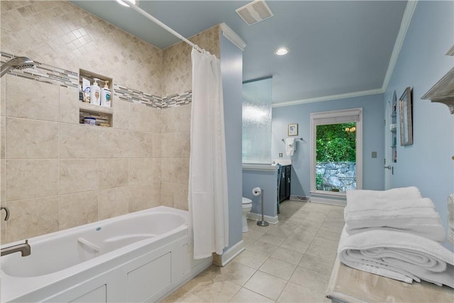 bathroom featuring tile patterned flooring, baseboards, vanity, toilet, and ornamental molding