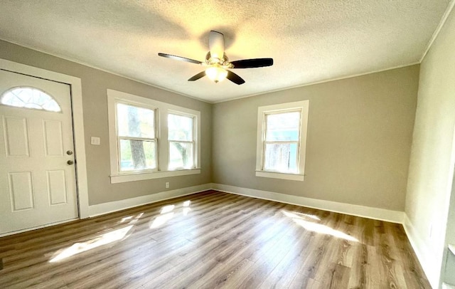 foyer entrance featuring a ceiling fan, a textured ceiling, plenty of natural light, and wood finished floors