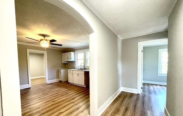 hallway featuring crown molding, a sink, wood finished floors, a textured ceiling, and arched walkways