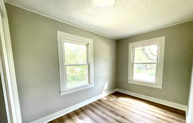 spare room with a textured ceiling, wood finished floors, and a healthy amount of sunlight
