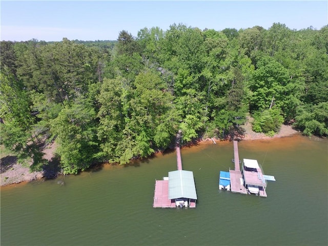 bird's eye view featuring a water view and a wooded view